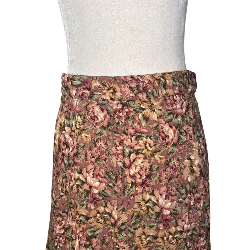 Vintage Floral Flowing Midi Skirt Pink Rose Print Button Front Cottage Romantic - Picture 4 of 11